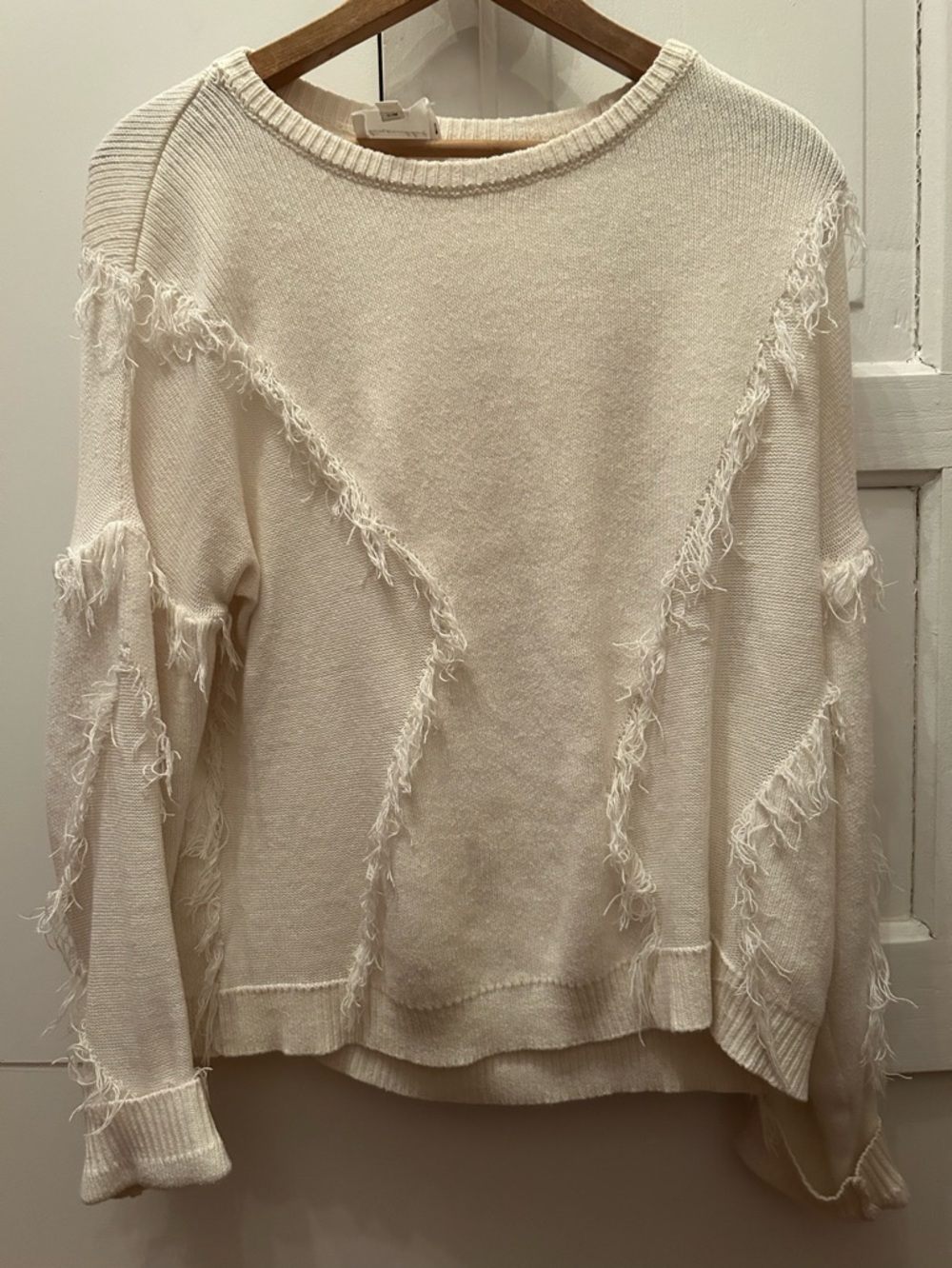 Women’s White Fringed Crewneck Sweater